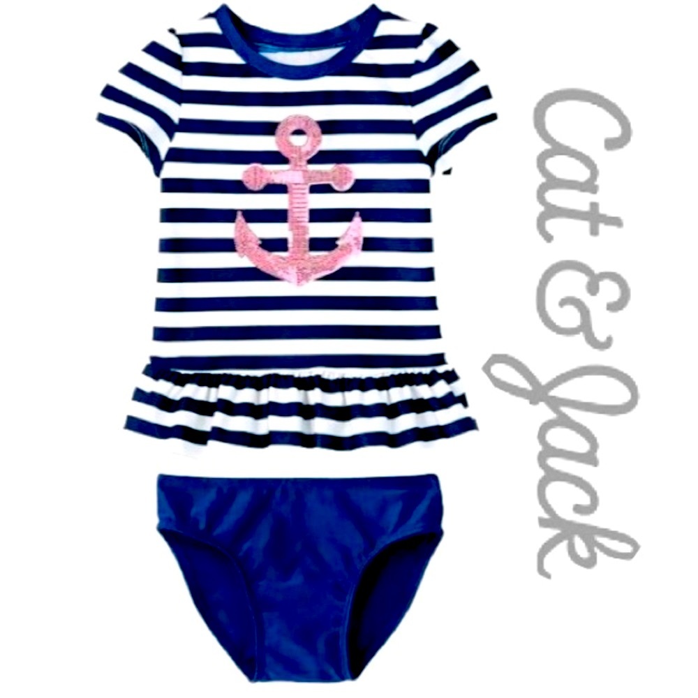 CAT & JACK Toddler 2pc Striped Anchor Short Sleeve Rash Guard Set Navy 2T